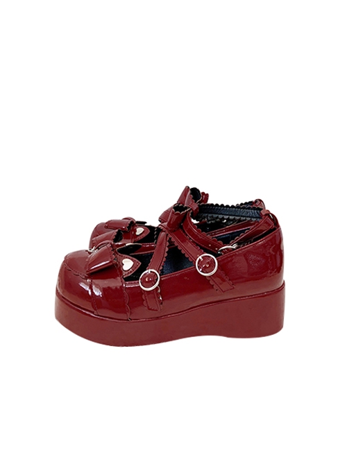 Cat And Little Dried Fish Series Patent Leather Punk Thick Sole Round Head Add Height Cross Binding Band Bowknot Gothic Lolita Shoes