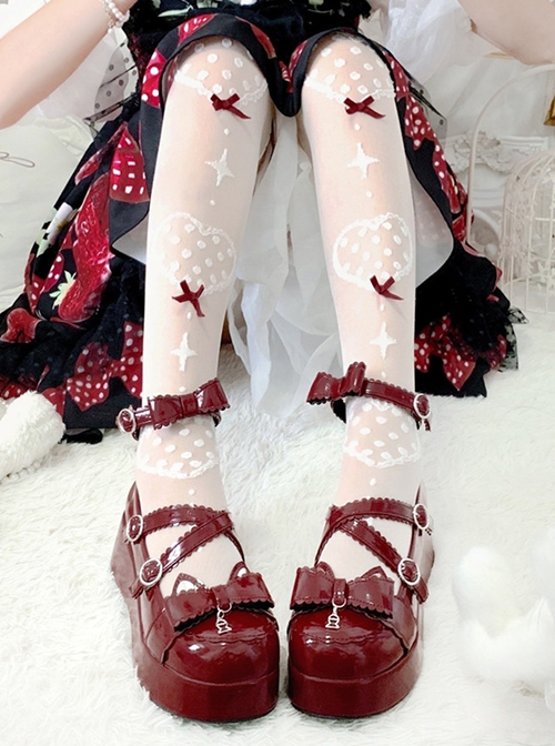 Cat And Little Dried Fish Series Patent Leather Punk Thick Sole Round Head Add Height Cross Binding Band Bowknot Gothic Lolita Shoes