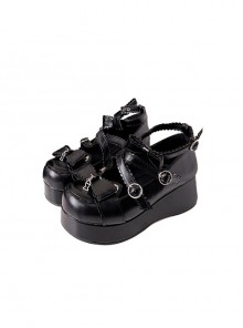 Cat And Little Dried Fish Series Black Matte Thick Sole Punk Round Head Add Height Cross Binding Band Bowknot Gothic Lolita Shoes