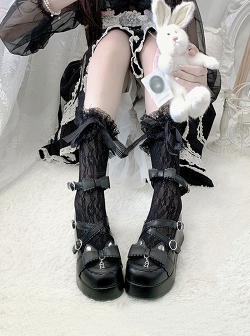 Cat And Little Dried Fish Series Black Matte Thick Sole Punk Round Head Add Height Cross Binding Band Bowknot Gothic Lolita Shoes