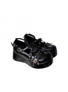 Witches Gathering Patent Leather Harajuku Bowknot Cross Dark Punk Sweet Cool Round Toe Thick Bottom Heart Metal Buckle Gothic Lolita Shoes