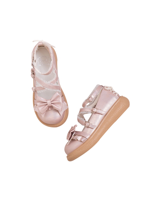 Rococo Sugar Series Thick Sole Low Heel Round Toe Shallow Mouth Cute Heart Shaped Buckle Binding Band Bowknot Soft Girl Sweet Lolita Shoes