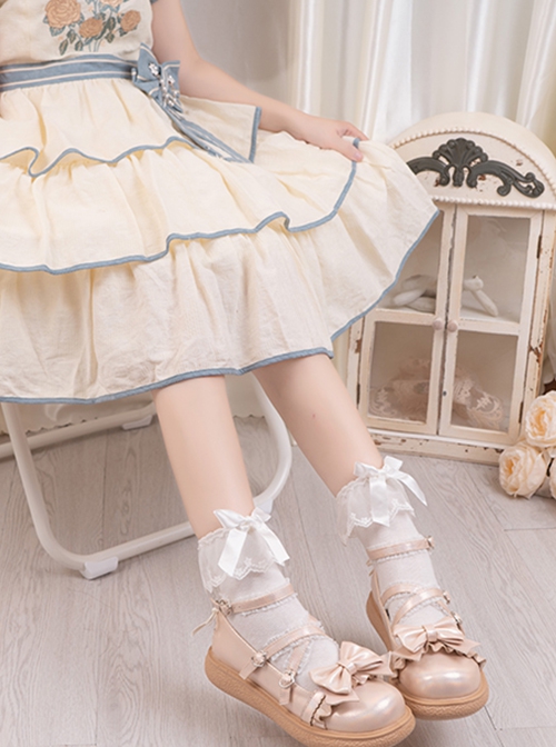 Rococo Sugar Series Thick Sole Low Heel Round Toe Shallow Mouth Cute Heart Shaped Buckle Binding Band Bowknot Soft Girl Sweet Lolita Shoes