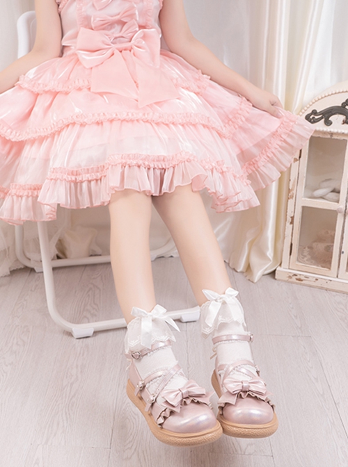 Rococo Sugar Series Thick Sole Low Heel Round Toe Shallow Mouth Cute Heart Shaped Buckle Binding Band Bowknot Soft Girl Sweet Lolita Shoes