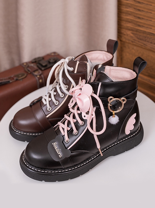 Bear Hug Series Plus Velvet Autumn Winter Cute College Style Binding Band Bowknot Cat Claws Little Bear Pattern Sweet Lolita Martin Boots