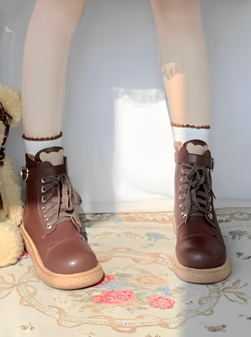 Cocoa Bear Series Plush Round Toe Flat Heel Thick Sole Cute College Style Binding Band heart shaped buckle Sweet Lolita Martin Boots