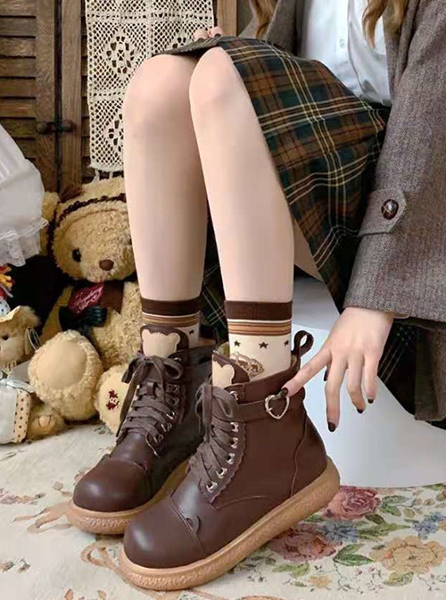 Cocoa Bear Series Plush Round Toe Flat Heel Thick Sole Cute College Style Binding Band heart shaped buckle Sweet Lolita Martin Boots