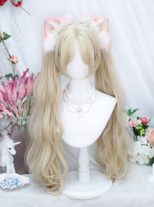 Holy Temple Series Short Hair Tiger Mouth Clips Bleached Walnut Color Double Ponytail Mid Split Bangs Sweet Lolita Long Curls Wigs