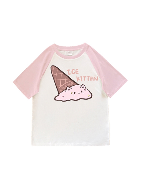 Summer Cute Pink Casual Round Neck Ice Cream Small Animal Melting Kitten Print Kawaii Fashion Short Sleeve T Shirt