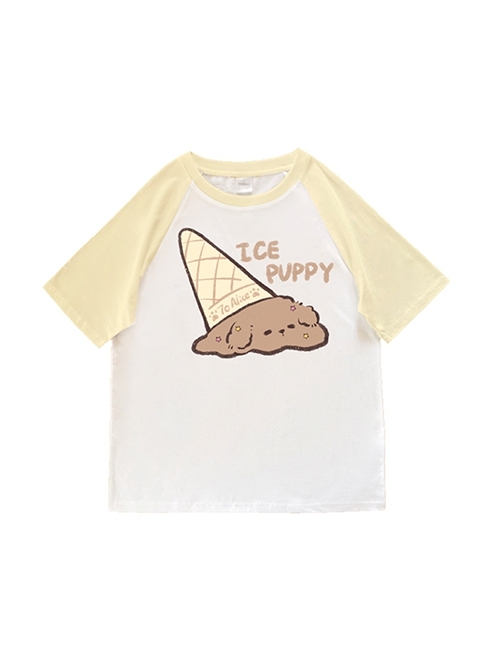 Casual Round Neck Summer Cute Yellow Ice Cream Melting Puppy Print Kawaii Fashion Short Sleeve T Shirt