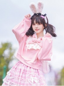 Girly Jam Series Pink Love Buckle Loose Cute Ruffles Lace Bowknot Bunny Ears Little Furball Kawaii Fashion Pullover Hoodie