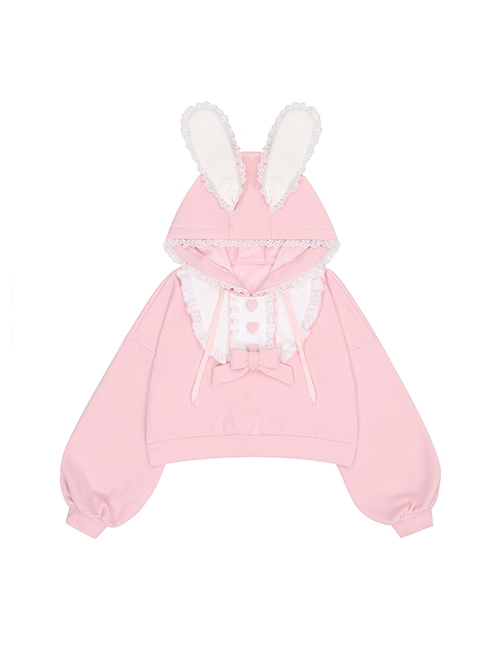 Girly Jam Series Pink Love Buckle Loose Cute Ruffles Lace Bowknot Bunny Ears Little Furball Kawaii Fashion Pullover Hoodie