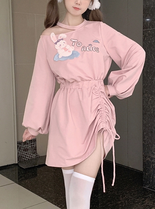 Rabbit In Cloud Series Pink Cute Hot Girl Embroidered Bunny Printing Off Shoulder Drawstring High Waist Kawaii Fashion Sweatshirt Dress
