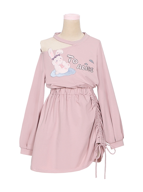 Rabbit In Cloud Series Pink Cute Hot Girl Embroidered Bunny Printing Off Shoulder Drawstring High Waist Kawaii Fashion Sweatshirt Dress