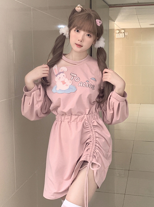 Rabbit In Cloud Series Pink Cute Hot Girl Embroidered Bunny Printing Off Shoulder Drawstring High Waist Kawaii Fashion Sweatshirt Dress