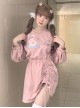 Rabbit In Cloud Series Pink Cute Hot Girl Embroidered Bunny Printing Off Shoulder Drawstring High Waist Kawaii Fashion Sweatshirt Dress