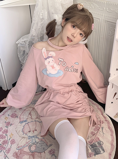 Rabbit In Cloud Series Pink Cute Hot Girl Embroidered Bunny Printing Off Shoulder Drawstring High Waist Kawaii Fashion Sweatshirt Dress