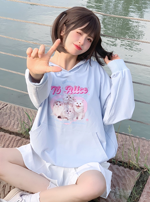 Milk Cat Planet Series Daily Commute Casual Loose Cute Cat Print Kawaii Fashion Long Sleeves Hoodie