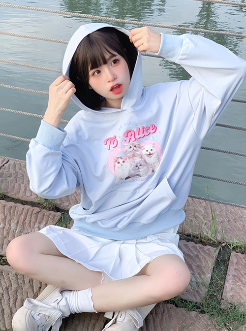 Milk Cat Planet Series Daily Commute Casual Loose Cute Cat Print Kawaii Fashion Long Sleeves Hoodie