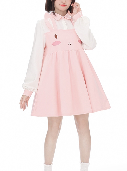 Pink Cute Daily Commute Soft Three Dimensional Rabbit Fake Two Pieces Loose High Waist Kawaii Fashion Long Sleeves Dress