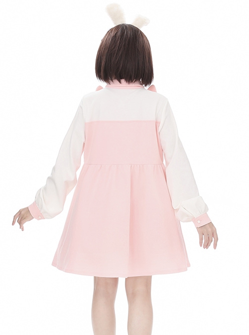 Pink Cute Daily Commute Soft Three Dimensional Rabbit Fake Two Pieces Loose High Waist Kawaii Fashion Long Sleeves Dress