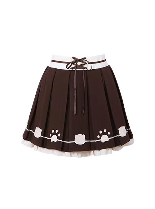 Briar Bear Spends Autumn With You Series Cute Sweet Coffee Color Bear Paw Prints Ribbon Bowknot Ruffles Kawaii Fashion Skirt