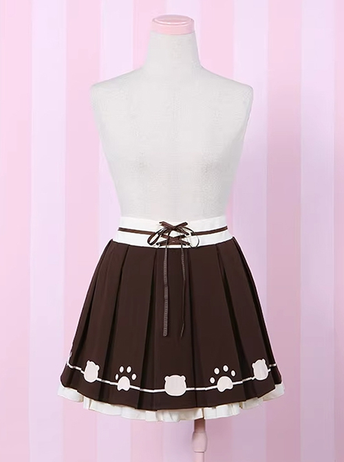 Briar Bear Spends Autumn With You Series Cute Sweet Coffee Color Bear Paw Prints Ribbon Bowknot Ruffles Kawaii Fashion Skirt