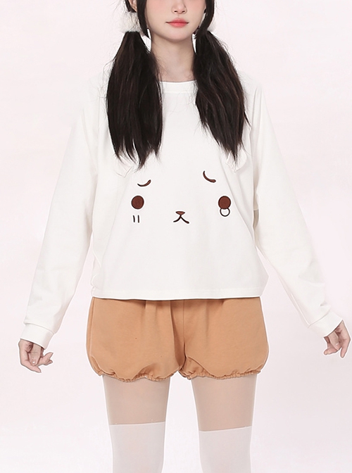 The Aggrieved Bear Series White Round Neck Cute Stereoscopic Ear Raglan Sleeve Loose Daily Kawaii Fashion Long Sleeves Sweatshirt