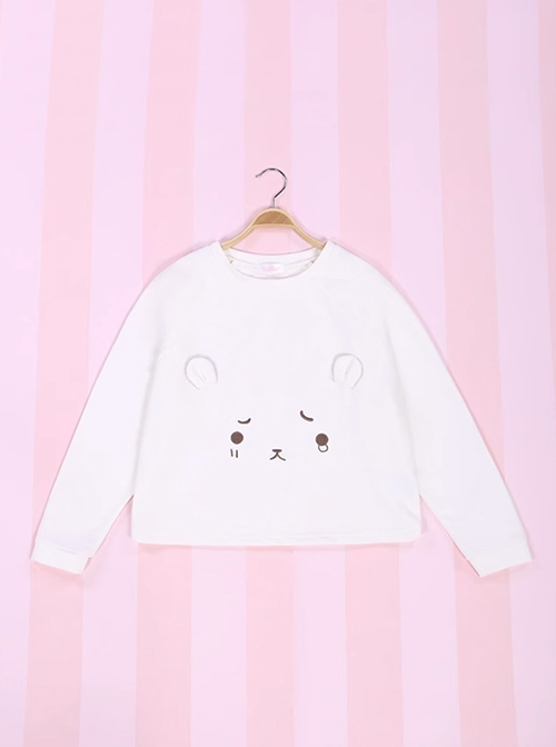 The Aggrieved Bear Series White Round Neck Cute Stereoscopic Ear Raglan Sleeve Loose Daily Kawaii Fashion Long Sleeves Sweatshirt