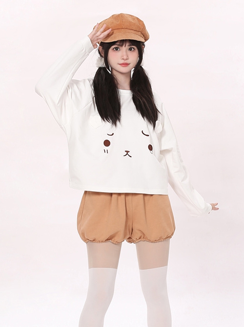 The Aggrieved Bear Series White Round Neck Cute Stereoscopic Ear Raglan Sleeve Loose Daily Kawaii Fashion Long Sleeves Sweatshirt