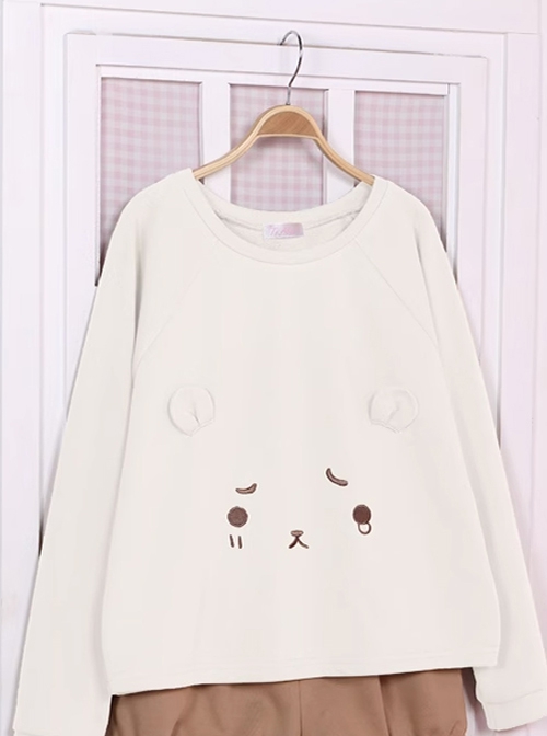 The Aggrieved Bear Series White Round Neck Cute Stereoscopic Ear Raglan Sleeve Loose Daily Kawaii Fashion Long Sleeves Sweatshirt