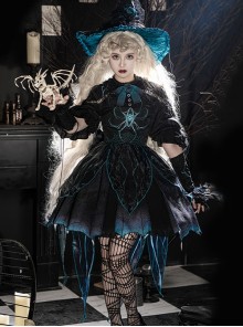 Rose Witch Series Black Halloween Irregular Cute Punk Teal Magic Spider Dark Bat Wing Bowknot Elements Print Lolita Dress Hat Set