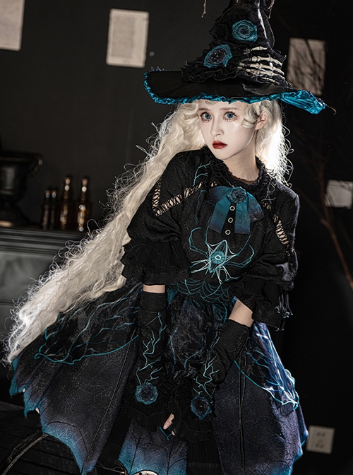 Rose Witch Series Black Halloween Irregular Cute Punk Teal Magic Spider Dark Bat Wing Bowknot Elements Print Lolita Dress Hat Set