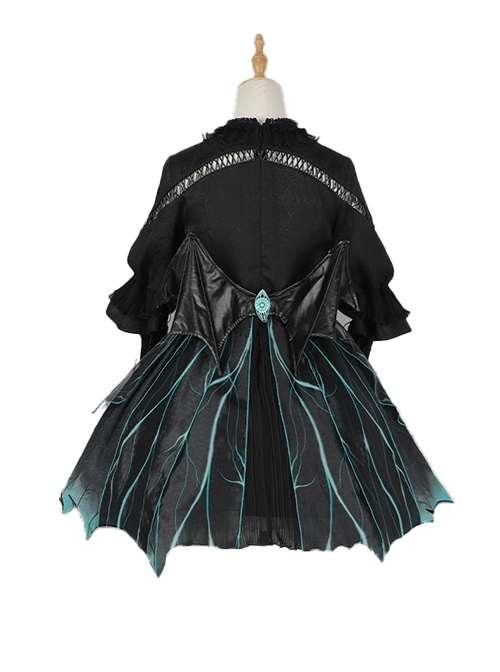 Rose Witch Series Black Halloween Irregular Cute Punk Teal Magic Spider Dark Bat Wing Bowknot Elements Print Lolita Dress Hat Set