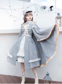 Star Ocean Fantasy Series Light Blue Elegant Military Style Cloak Classic Lolita White Belt Lace Ruffles Middle Long Dress Set