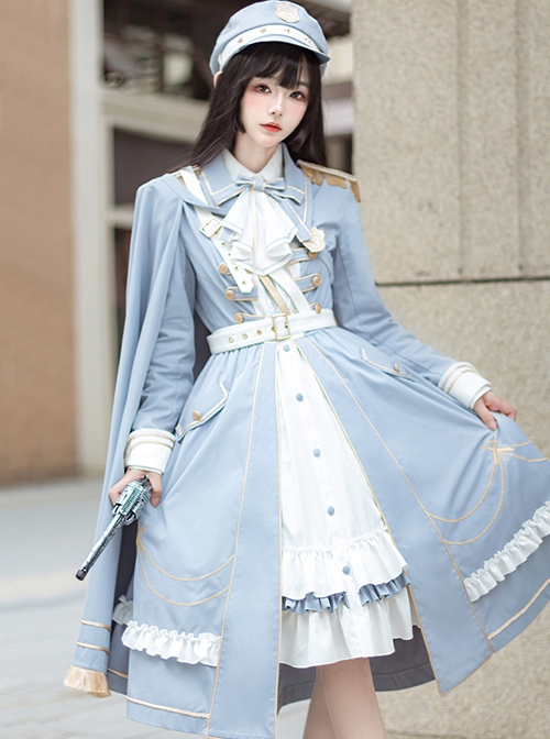 Star Ocean Fantasy Series Light Blue Elegant Military Style Cloak Classic Lolita White Belt Lace Ruffles Middle Long Dress Set