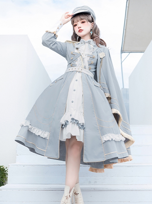 Star Ocean Fantasy Series Light Blue Elegant Military Style Cloak Classic Lolita White Belt Lace Ruffles Middle Long Dress Set