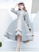 Star Ocean Fantasy Series Light Blue Elegant Military Style Cloak Classic Lolita White Belt Lace Ruffles Middle Long Dress Set