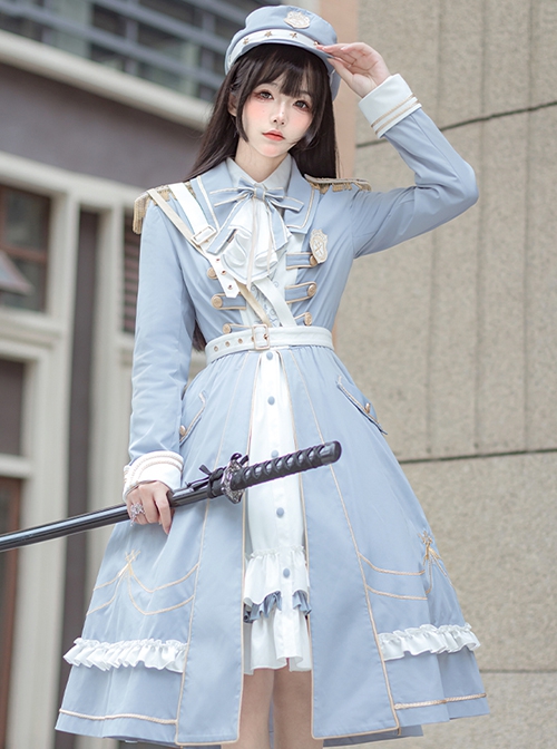 Star Ocean Fantasy Series Light Blue Elegant Military Style Cloak Classic Lolita White Belt Lace Ruffles Middle Long Dress Set