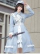 Star Ocean Fantasy Series Light Blue Elegant Military Style Cloak Classic Lolita White Belt Lace Ruffles Middle Long Dress Set