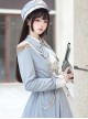 Star Ocean Fantasy Series Light Blue Elegant Military Style Cloak Classic Lolita White Belt Lace Ruffles Middle Long Dress Set