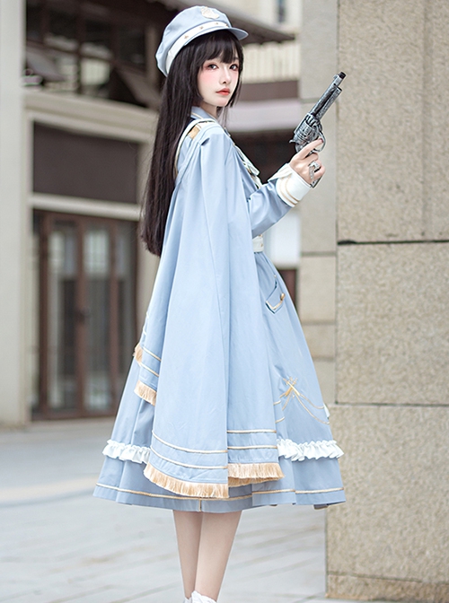 Star Ocean Fantasy Series Light Blue Elegant Military Style Cloak Classic Lolita White Belt Lace Ruffles Middle Long Dress Set