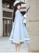 Star Ocean Fantasy Series Light Blue Elegant Military Style Cloak Classic Lolita White Belt Lace Ruffles Middle Long Dress Set