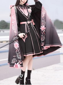 Dark Military Lolita Black Pink Color Gradient Sweet Sakura Theme Stereoscopic Flower Epaulets Double Shoulder Cloak Set