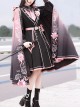 Dark Military Lolita Black Pink Color Gradient Sweet Sakura Theme Stereoscopic Flower Epaulets Double Shoulder Cloak Set