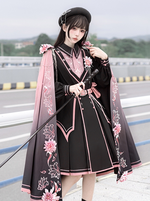 Dark Military Lolita Black Pink Color Gradient Sweet Sakura Theme Stereoscopic Flower Epaulets Double Shoulder Cloak Set