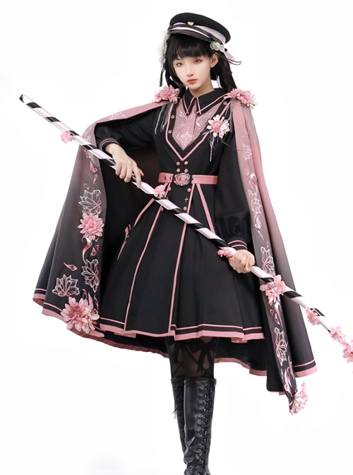 Dark Military Lolita Black Pink Color Gradient Sweet Sakura Theme Stereoscopic Flower Epaulets Double Shoulder Cloak Set