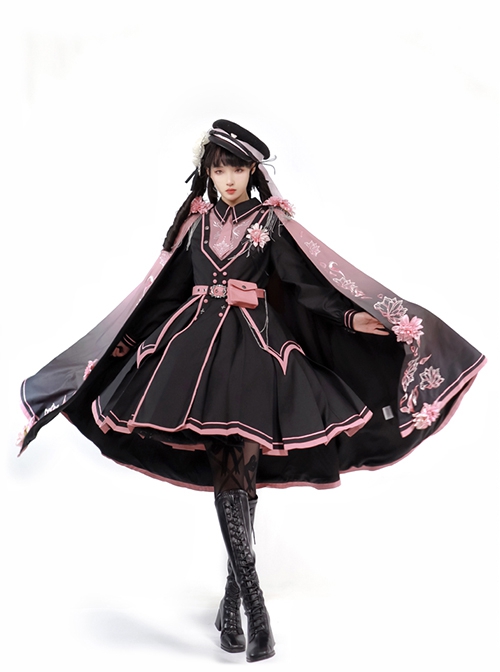 Dark Military Lolita Black Pink Color Gradient Sweet Sakura Theme Stereoscopic Flower Epaulets Double Shoulder Cloak Set