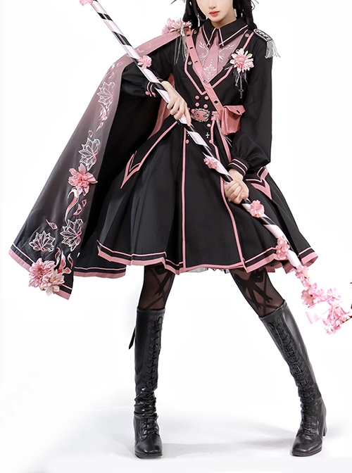 Sakura Theme Black Pink Gradient Sweet Cool Military Lolita Sweet Side Shoulder 3D Flowers Cloak Long Sleeves Dress Set