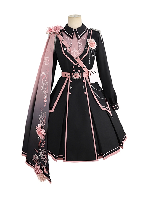 Sakura Theme Black Pink Gradient Sweet Cool Military Lolita Sweet Side Shoulder 3D Flowers Cloak Long Sleeves Dress Set